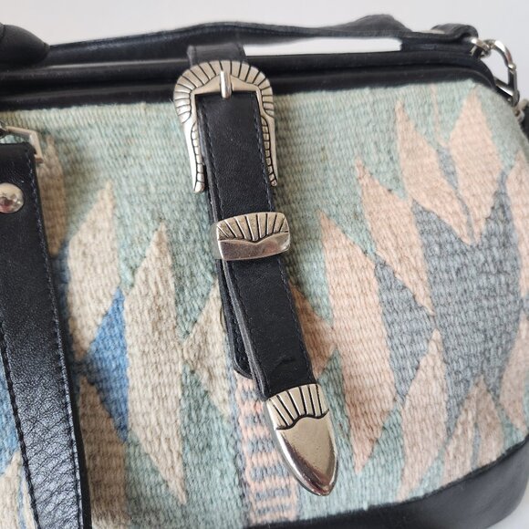 Vintage Mexican Handcraft Leather Woven-Wool Carpet Southwest Satchel Handbag - Picture 13 of 16